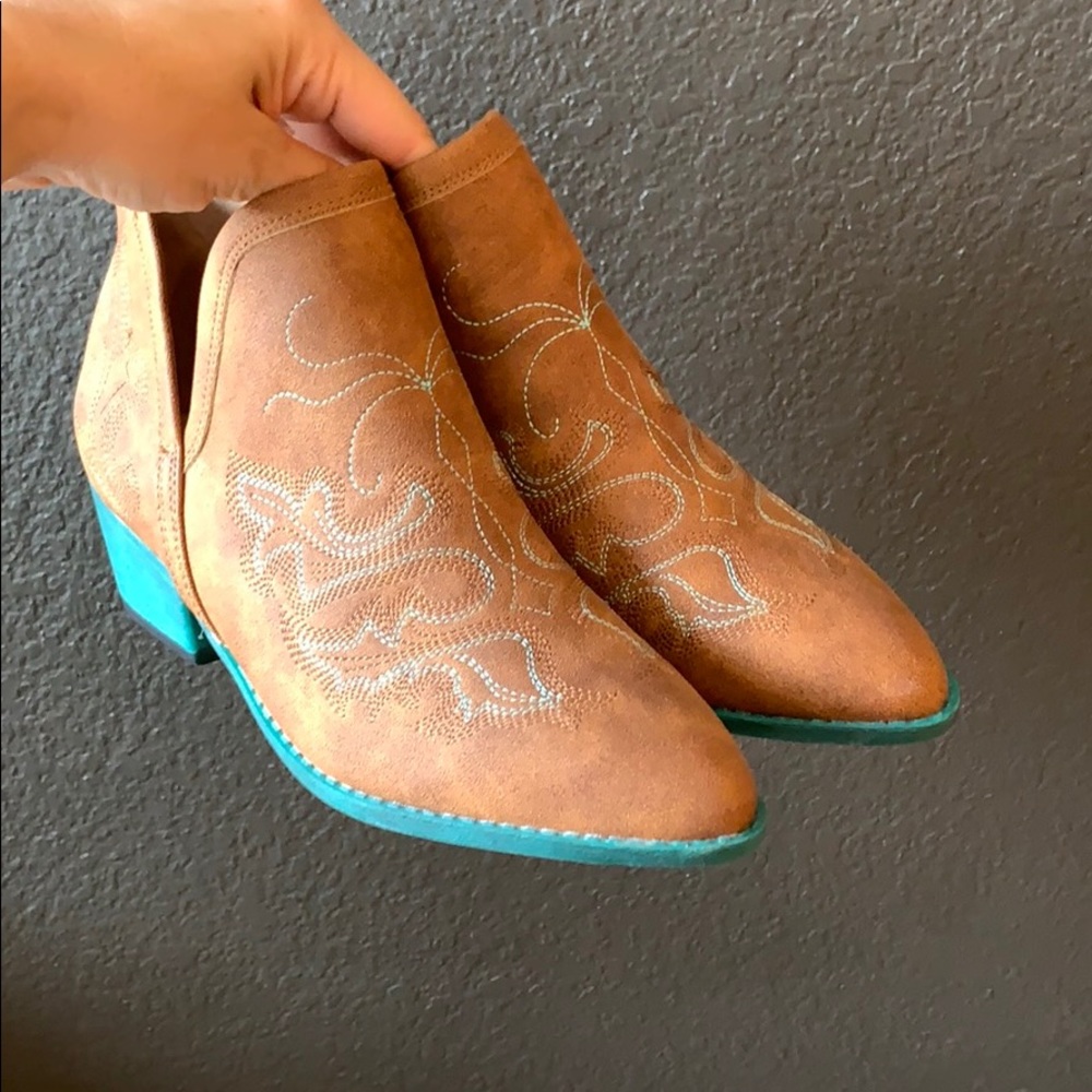 Faux suede western booties with turquoise accents